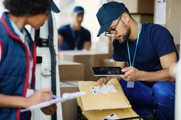 young-delivery-man-using-digital-tablet-scanning-bar-code-package-label-while-preparing-shipment-with-his-coworker young-delivery-man-using-digital-tablet-scanning-bar-code-package-label-while-preparing-shipment-with-his-coworker